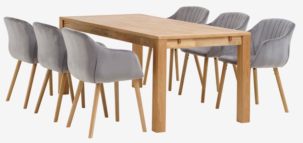 HAGE D190 stôl dub + 4 ADSLEV stoličky sivá zamat