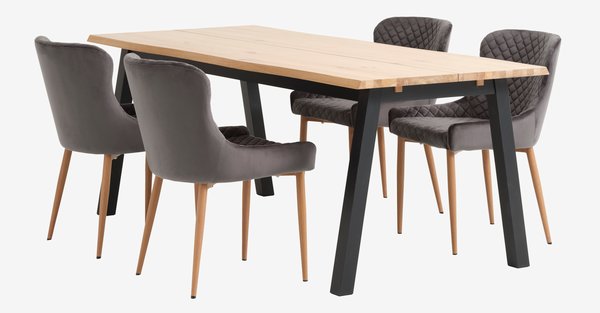 SKOVLUNDE L200 table nat. oak + 4 PEBRINGE chair grey velvet