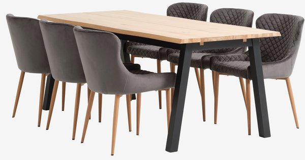 SKOVLUNDE L200 table nat. oak + 4 PEBRINGE chair grey velvet