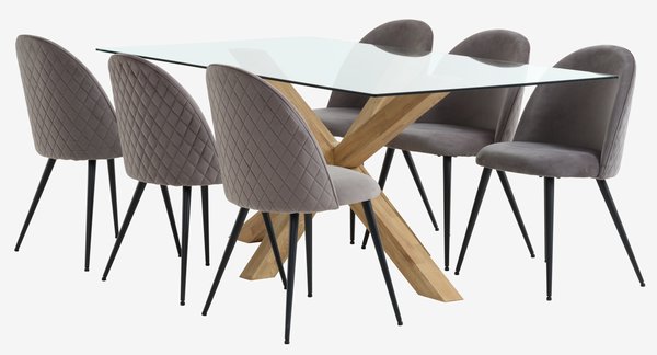 AGERBY L160 table chêne + 4 KOKKEDAL chaises velours gris