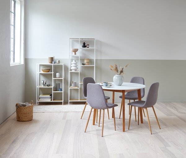 JEGIND Ø105 bord vit + 4 JONSTRUP stol grå