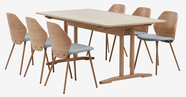 Table AALBORG L180/270 + 4 chaises HORNE chêne/gris