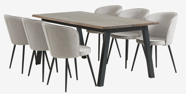 SKOVLUNDE L200 table dark oak + 4 RISSKOV light grey