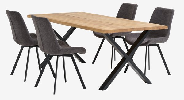 Table ROSLEV L200 chêne naturel + 4 chaises HYGUM gris
