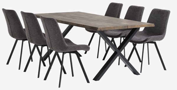 Table ROSKILDE L200 chêne + 4 chaises HYGUM pivotant gris