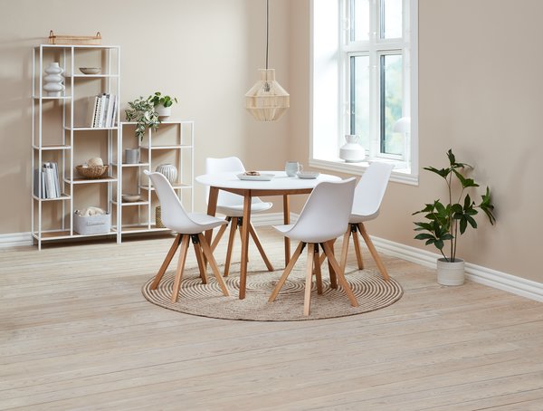 Mesa JEGIND Ø105 blanco + 4 sillas BLOKHUS blanco