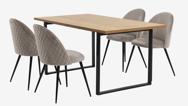 AABENRAA L160 table chêne + 4 KOKKEDAL chaises velours gris