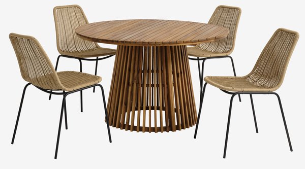 HOLTE Ø120 τραπέζι σκληρό ξύλο + 4 PANDUMBRO καρέκλες φυσικό