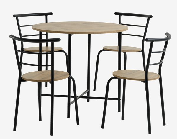 GADSTRUP Ø85 table + 4 GADSTRUP chaises noir/coloris chêne