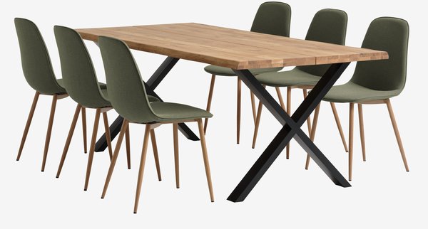 ROSKILDE/ROSLEV L200 natural oak+4 BISTRUP chairs olive