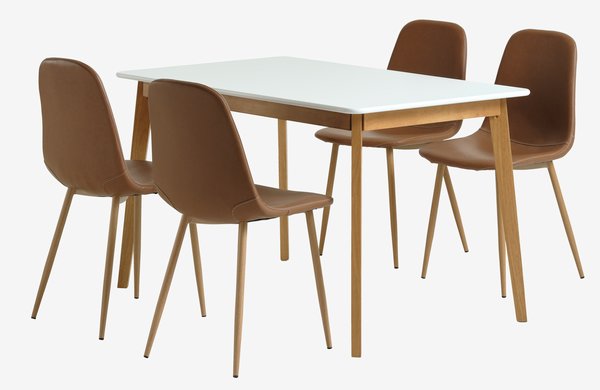 JEGIND L130 table white + 4 JONSTRUP chairs cognac/oak