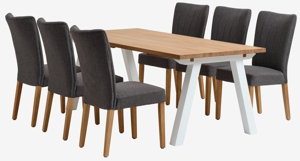 SKAGEN L200 table white/oak + 4 NORDRUP chairs grey