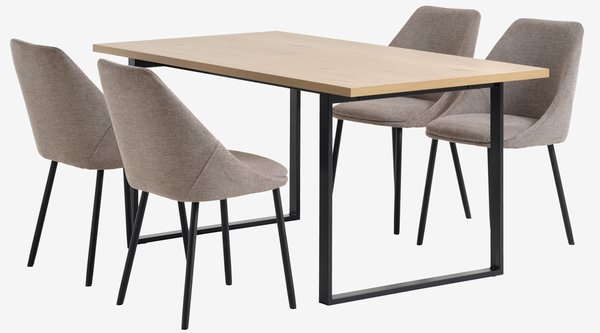 Table AABENRAA L160 chêne + 4 chaises VELLEV sable/noir