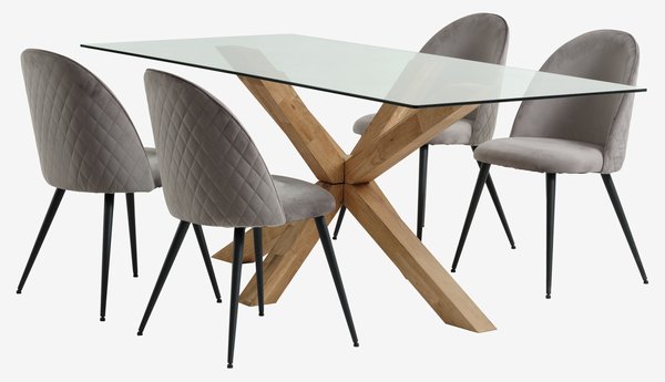 Mesa AGERBY L190 roble + 4 sillas KOKKEDAL terciopelo gris