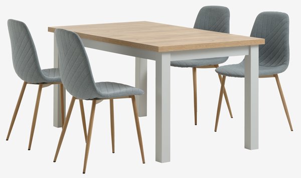 Table MARKSKEL L150/193 gris + 4 chaises JONSTRUP bleu clair