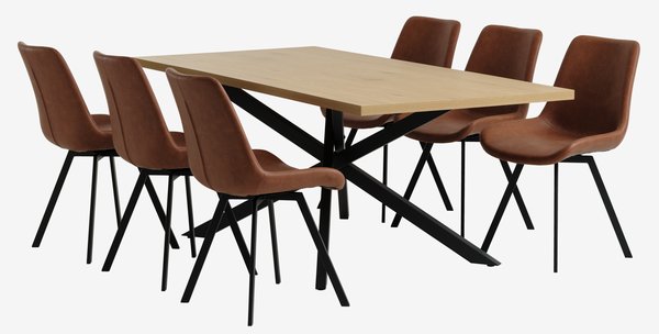 Table NORTOFT L200 chêne + 4 chaises HYGUM cognac