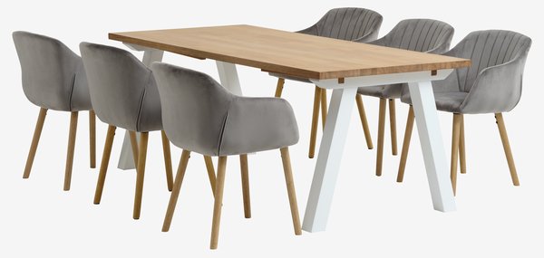 SKAGEN L200 tafel wit/eiken + 4 ADSLEV stoelen fluweel grijs