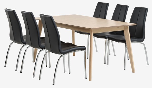 KALBY L160/250 tafel eiken + 4 HAVNDAL stoelen zwart