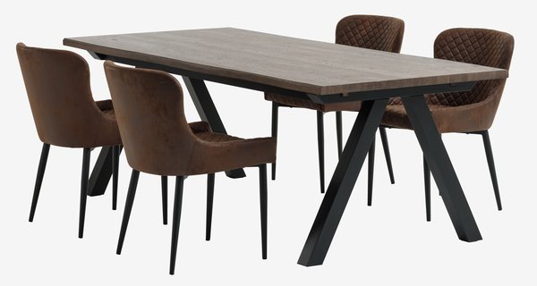 Mesa SANDBY L210 roble oscuro + 4 sillas PEBRINGE marrón