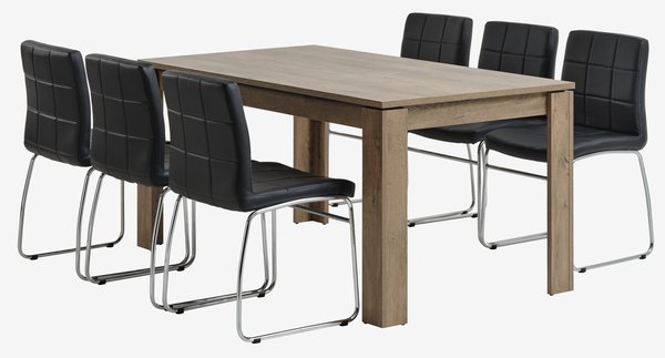 VEDDE L160 tafel wild eiken + 4 HAMMEL stoelen zwart