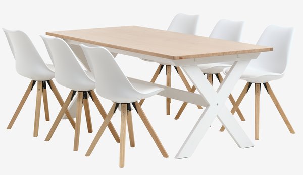 Table VISLINGE L190 naturel + 4 chaises BLOKHUS blanc