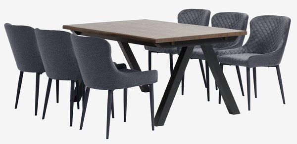 Table SANDBY L160 chêne foncé + 4 chaises PEBRINGE gris/noir