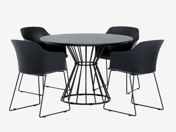FAGERNES Ø110 table gris + 4 SANDVED chaises noir