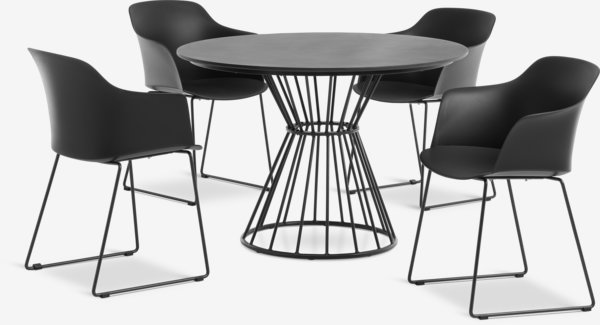 FAGERNES Ø110 pöytä harmaa + 4 SANDVED tuoli musta