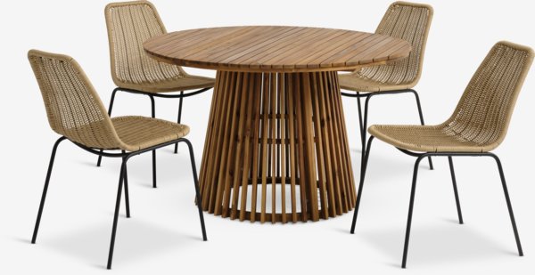 Tavolo HOLTE Ø120 cm legno duro + 4 sedie PANDUMBRO naturale