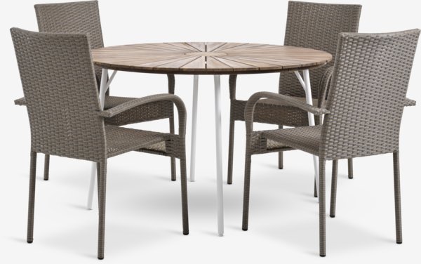 Table BASTRUP Ø120 bois dur/blanc +4 chaises GUDHJEM naturel