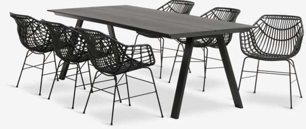 Table FAUSING L220 noir + 4 chaises ILDERHUSE noir