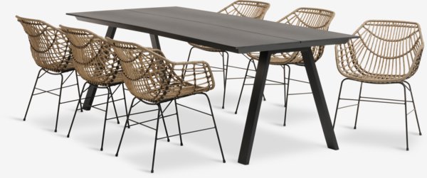 Mesa FAUSING L220 negro + 4 sillas ILDERHUSE natural