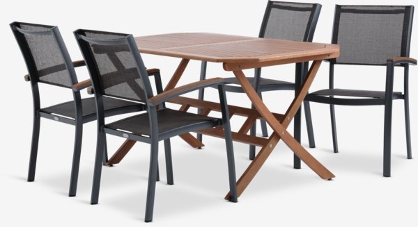 FEDDET L150 tafel hardhout + 4 MADERNE stoelen grijs
