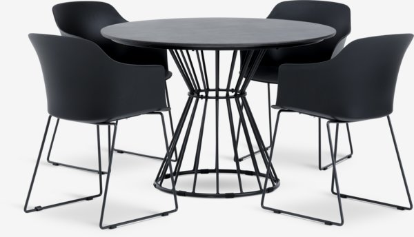 FAGERNES Ø110 tafel grijs + 4 zandVED stoel zwart