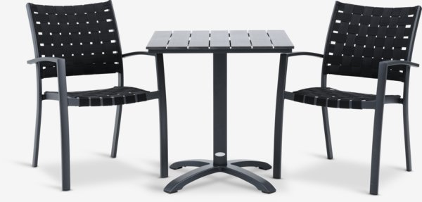 Table HOBRO L70 noir + 2 chaises JEKSEN empilable noir