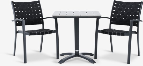 Table HOBRO L70 gris + 2 chaises JEKSEN empilable noir