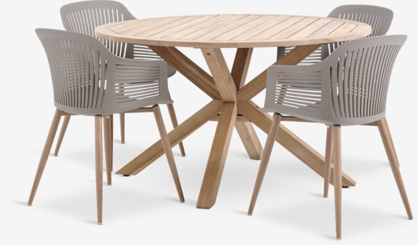 HESTRA Ø126 tafel hardhout + 4 VANTORE stoelen zand