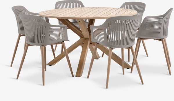 HESTRA Ø126 stůl tvrdé dřevo + 4 VANTORE židle písková