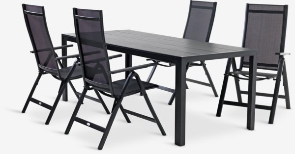 MADERUP L205 table noir + 4 LOMMA chaises inclinables noir