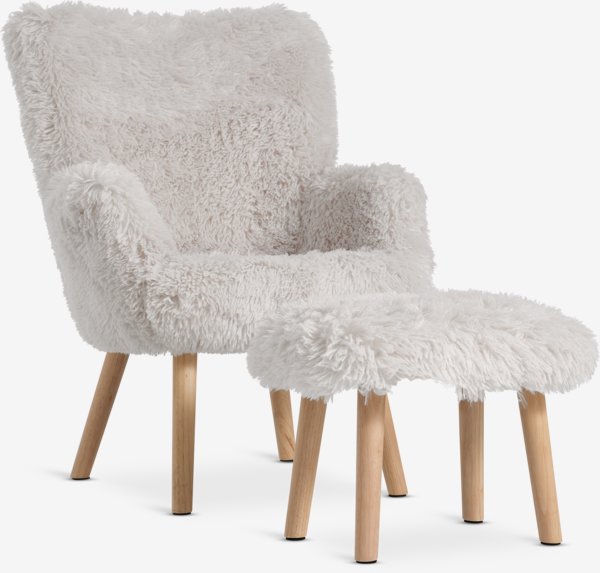 Fauteuil a/repose-pieds HVILSTED tissu teddy blanc ca./nat.