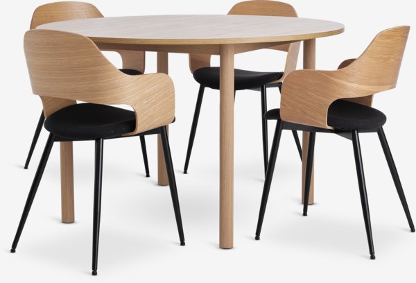 ALSTED Ø120 tafel eiken + 4 HVIDOVRE stoelen eiken/zwart