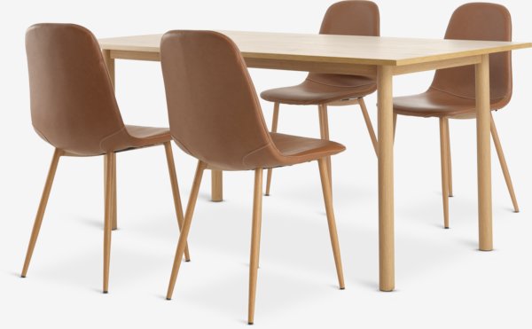 ALSTED L160 Tisch eiche + 4 JONSTRUP Stühle cognac/eichenfar