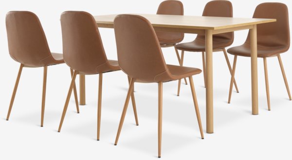 ALSTED L160 table chêne + 4 JONSTRUP chaises cognac/chêne