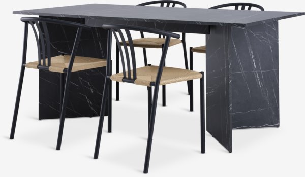 KRONDAL L180 tafel marmer + 4 JYDERUP zwart/naturel