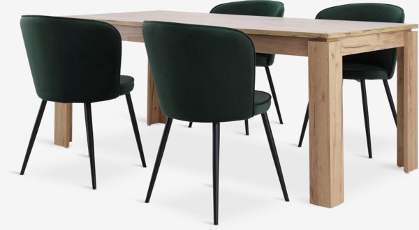 Mesa LINTRUP L190/280 roble + 4 RISSKOV terciopelo verde