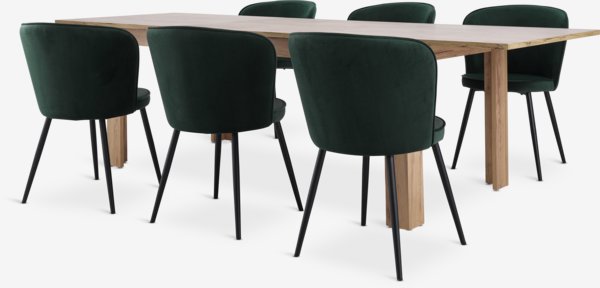 Mesa LINTRUP L190/280 roble + 4 RISSKOV terciopelo verde