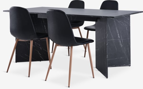 KRONDAL L180 tafel marmer + 4 JONSTRUP stoelen zwart/eiken