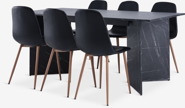 KRONDAL L180 tafel marmer + 4 JONSTRUP stoelen zwart/eiken