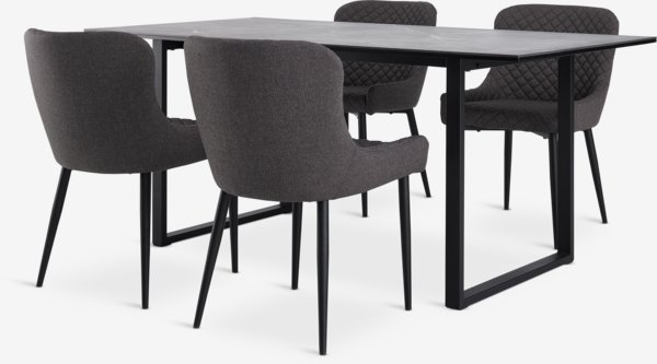 Table MOSELUND L180 céramique + 4 chaises PEBRINGE gris/noir