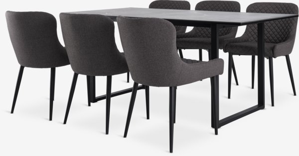 Table MOSELUND L180 céramique + 4 chaises PEBRINGE gris/noir